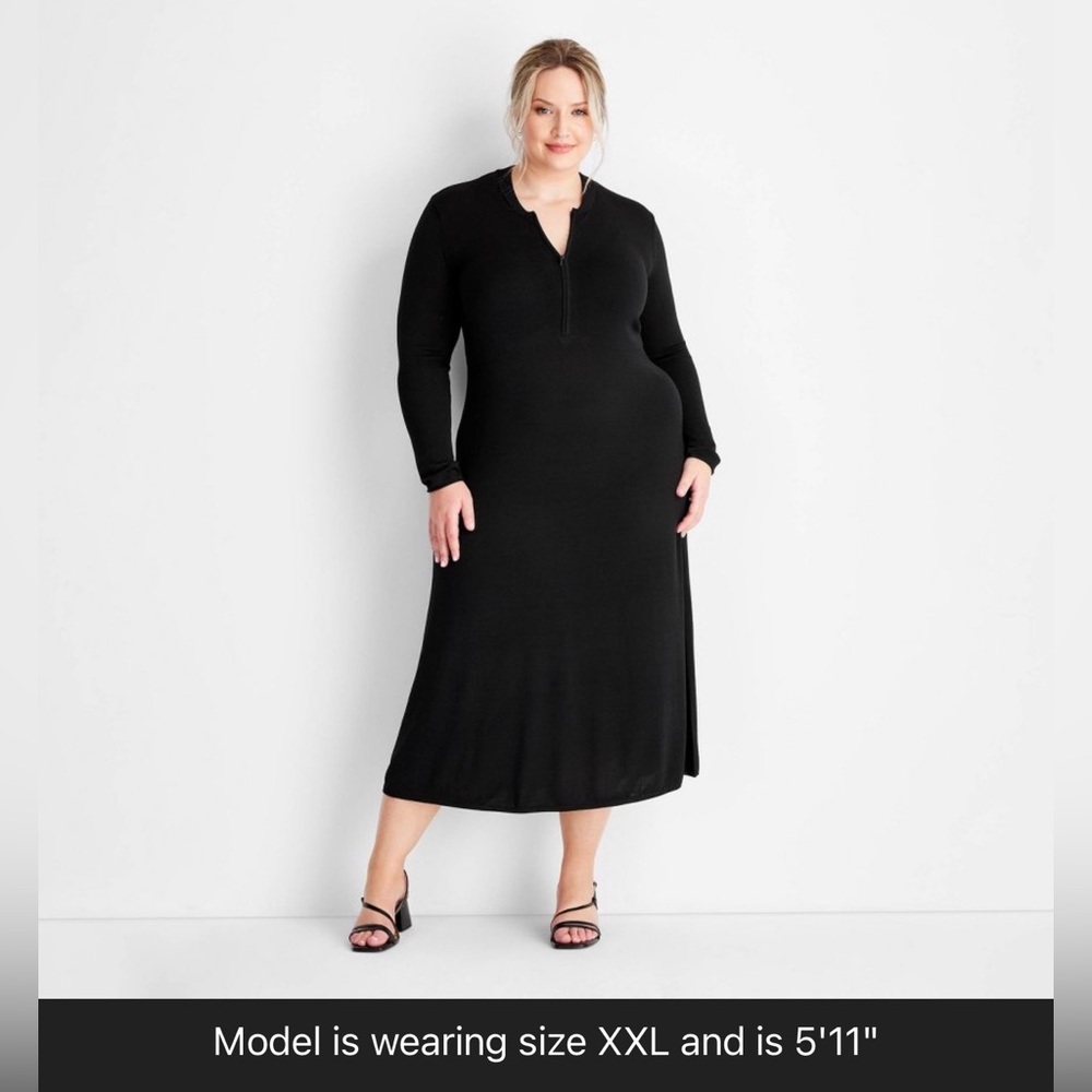 Long Sleeve Black Maxi Dress - Classic Zip Front